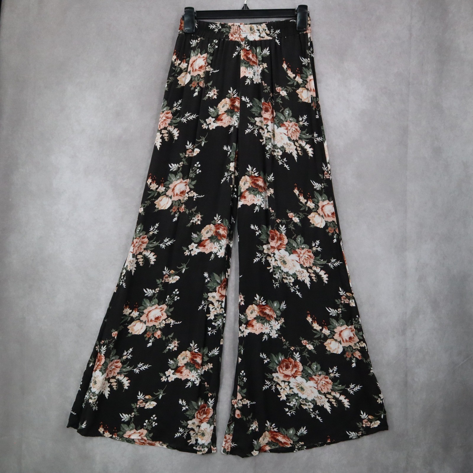 Copper Key Black Floral Wide Leg Pants Boho Palazzo High Waist Lounge VTG Small image 2