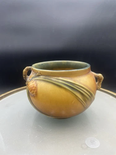 Vintage Roseville Pottery 632 - 3" Pine Cone Brown Vase Jardiniere VG