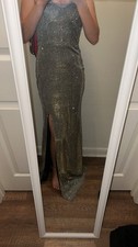 Silver Glitter Maxi Dress Sleeveless Sweetheart Neckline Side Slit
