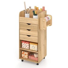 COSTWAY Rolling Craft Storage Cart Utility Cart w/ 3 Drawers & 3 Shelves-Natural