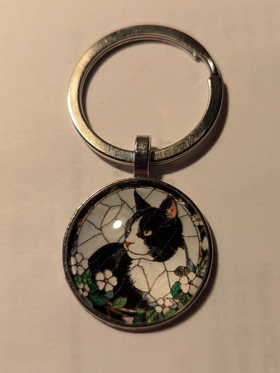 Porte-clés acier inoxydable rond tête de chat