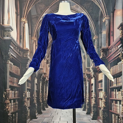 Vintage 1960s Dress Royal Blue Velvet Miniskirt Rhinestone Buttons Mod Retro - Picture 1 of 16
