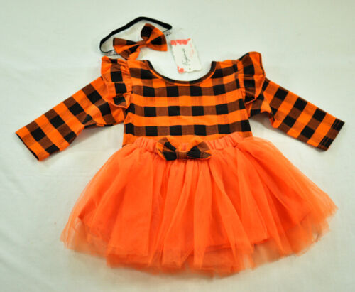 infant girl's 3 pc set orange & black tutu & snap fall & Halloween12-18 months