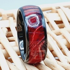Black Tungsten Wooden Engagement Ring Burgundy Cured Wood Laser Engraved Band