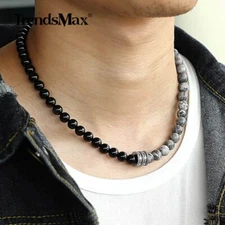 Jasper Lava Beads Necklace Choker Map Black Glass Beaded Star Charm Mens 18inch
