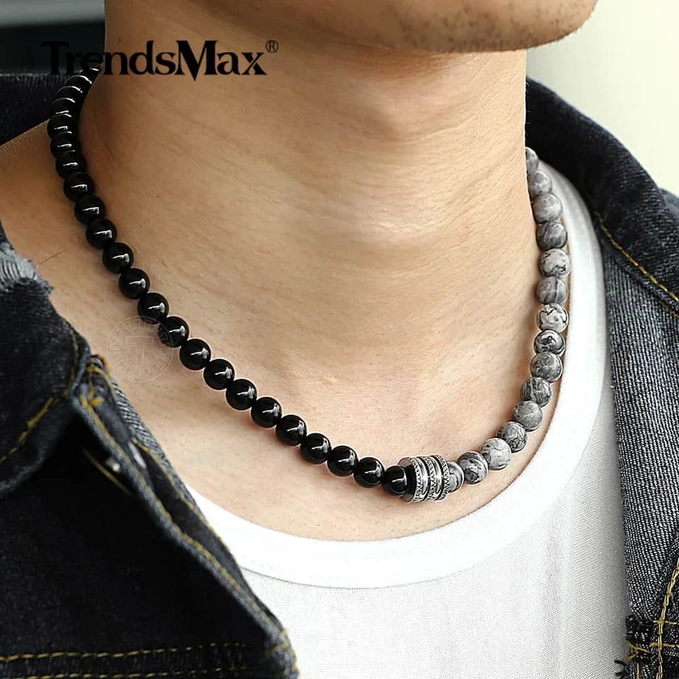 8mm 20" Natural Grey Jasper Map Stone Black Glass Beaded Necklace Choker Gift - Image 2 of 4