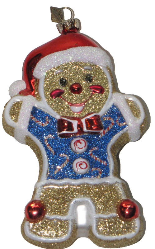 Radko Gingerbread Man Ornament w/Santa hat Bow-tie Candy Cane Sweater 5" Glass
