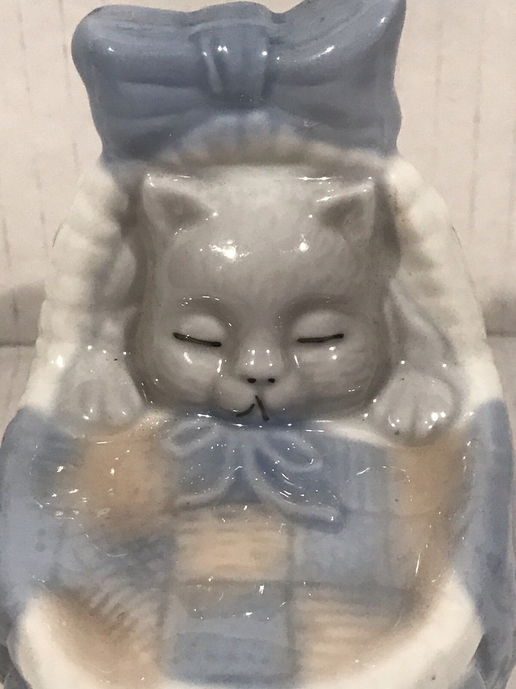 Kitten in Bassinet Crib White and Blue Hand Painted Porcelain Figurine Vintage