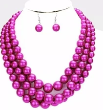 Chunky Pink Fuchsia Magenta Bead Pearl Long Multi Layered Strand Necklace Set