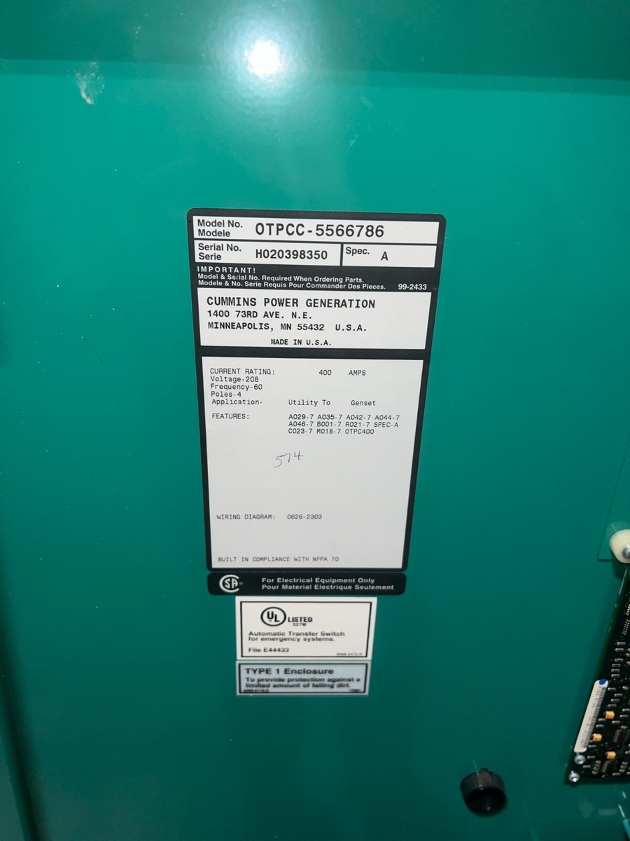 CUMMINS 400 Amp ATS Automatic Transfer Switch 208v 120v 3 Phase 4