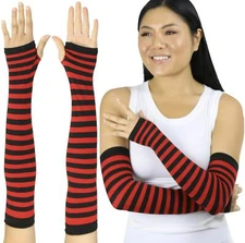 Women’s Horizontal Striped Opaque Nylon Long Fingerless Arm Warmers - Black W...
