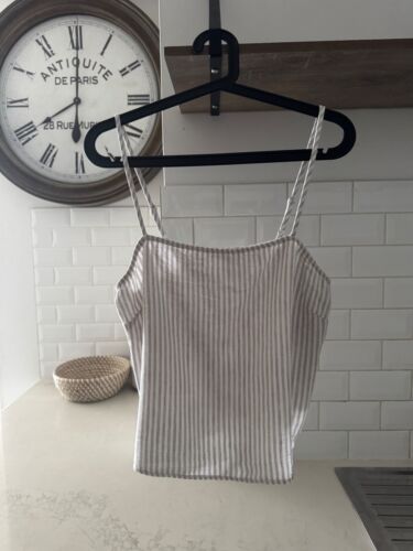 Beige Striped Sleeveless Linen Blend Top / Shirt - Size 10