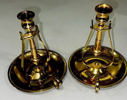 2 Vintage Brass Gimble Candle Holder Chamberstick Gold Sway Made In Baldwin USA