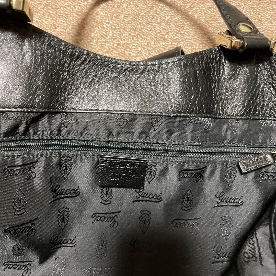 GUCCI Monogram Canvas Tote Bag Black Gold Leather Shoulder Authentic Excellent image 7