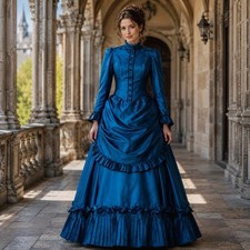 Long Sleeve Royal Blue Victorian Dress Satin Ruffle Vintage Formal Ball Gown