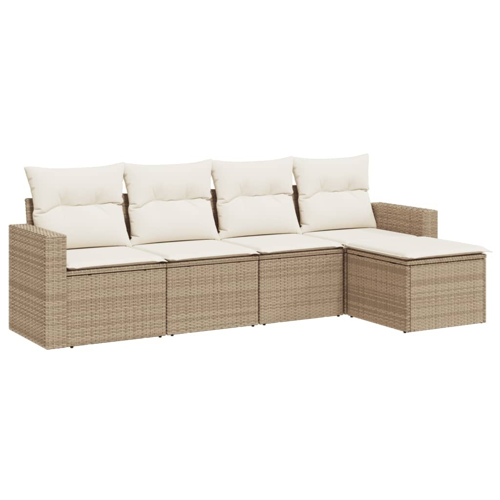 5 Piece Patio Sofa Set with Cushions Beige Poly Rattan