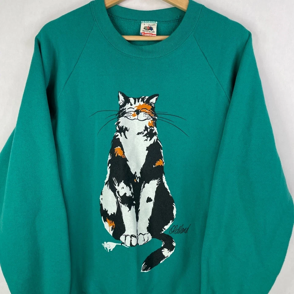 De Colección Gato Cuello Redondo Mujer Verde Años 80/90 Doble Cara Broma Divertida Arte Cómic Talla Grande Foto 2 de 4