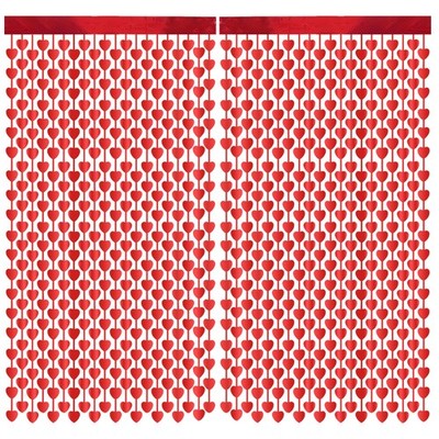 Valentines Party Decor 2 Pack 3.3 x 6.6 FT Red Heart Foil Fringe Curtains Val...