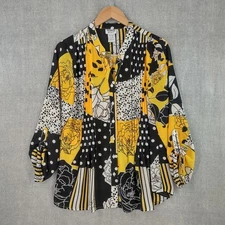 Monroe & Main Top Womens Medium Artsy Black Yellow Breezy Long Sleeve Button Up