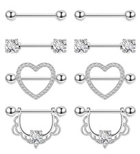 4Pairs 14G G23 Titanium Nipple Rings for Women Heart Flower CZ Barbell Nipple...