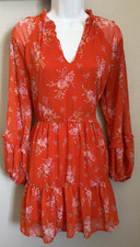 Vince Camuto Boho Short Dress Womens XS Orange Tiered Balloon Sleeve Tunic