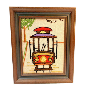 VTG Crewel Embroidery Needlepoint Framed San Francisco Cable Car 6.5''x8'' Trolley