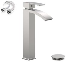 Brushed Nickel Vessel Sink Faucet, Waterfall Bathroom Faucets, Tall Spout Sin...
