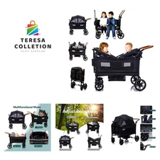 Wagon Stroller for 2 Kids & Cargo-Travel Stroller Push-Pull Double Wagon Ligh...