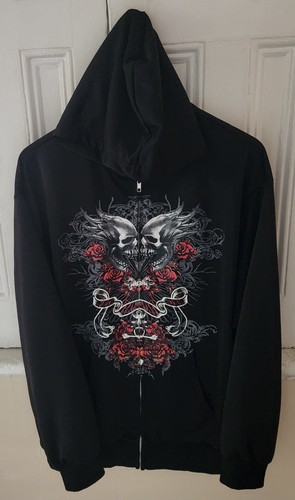 Kosusanill Y2K Zip Up Long Sleeve Skulls Hoodie Large Black Graphic On Front - Picture 2 of 4