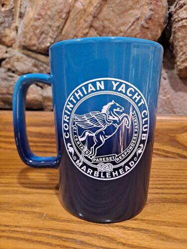 CORINTHIAN YACHT CLUB MARBLEHEAD BLUE/WHITE 16oz CERAMIC COFFEE MUG CUP W/HANDLE