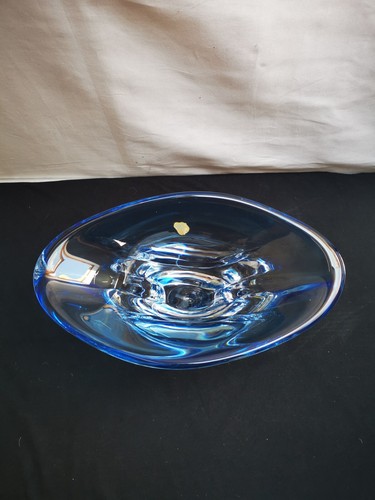 VINTAGE VAL SAINT LAMBERT LARGE BOWL, CENTERPIECE, CRYSTAL GLASS BLUE & CLEAR - Picture 2 of 23