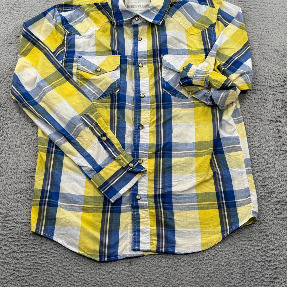 Camisa a Presión Ditch Plains Perla Para Hombre Mediana Amarilla a Cuadros Vaquero Western Roll Tab Foto 3 de 4