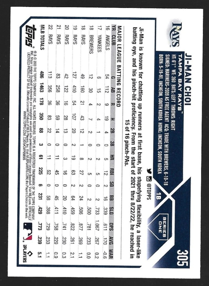 JIMAN CHOI 2023 Topps Baseball Card 305 TAMPA BAY RAYS Free Shipping