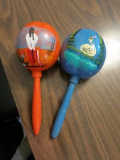 Vintage Mexican Gourd/Wood Handle Hand Painted Maracas, Two