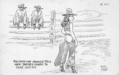 Vintage Comic Postcard: Cowgirl in Chaps going Commando, 1950, Bob Hall