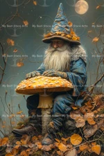 LUCKY GARDEN GNOME ART PRINT, Magical Elf Wall Decor, Fairy Forest Poster C928