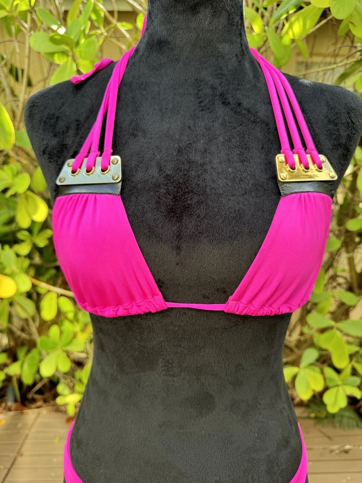 Top de bikini Beach Bunny Hopi rosa escaso ribete de cuero con cordones parte inferior S XS Foto 2 de 4