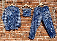 Indian Cotton Blue Patchwork PJ Set Bridesmaid Pajama Set Women Nightwear Suits