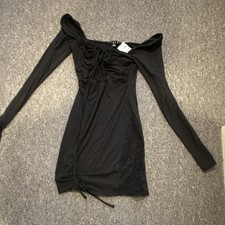 FORE Women's Black Ruched Drawstring Stretch Mini Bodycon Dress Long Sleeve XS