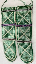 Vtg Hand knit Slippers One Size Leather Bottoms Ethnic READ Green Cream