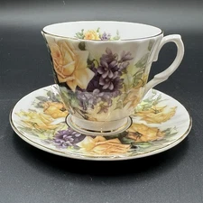 Royal Patrician Bone China Teacup & Saucer Yellow Roses Purple Flowers Gold Trim