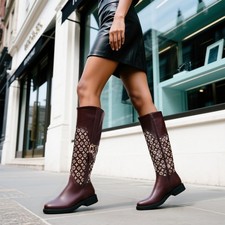 RIDING BOOT BROWN FAUX LEATHER KNEE BOOT DESIGNER PRINT WITH BUCKLE AND ZIP