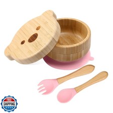 Baby Bowls with Lid,HBM Bamboo Suction Bowls for Baby and Spoon Set,3PC Feedi
