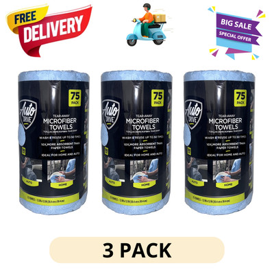 (3 Pack) Auto Drive Tear Away Microfiber Towels 75Ct Multi Purpose Cleaning Roll