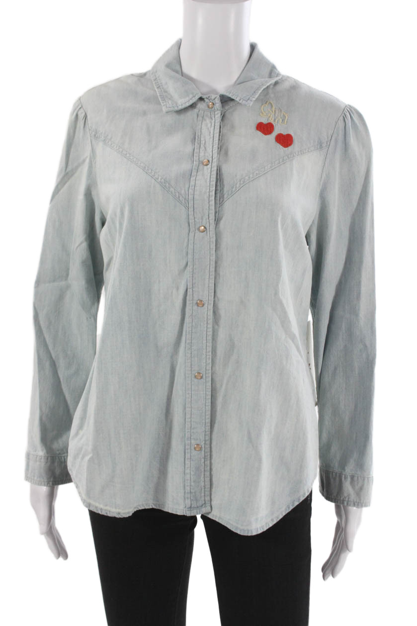 Amo Women Basic Collared Cotton Button-Up Long Sleeve Blue Size MFree Shipping in US $100+ Orders | $6.95 Orders Below