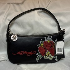 Ed Hardy Black Shoulder Bag Love Heart Design Rhinestone Accents Women