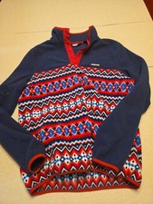 Lands End Heritage Fleece Snap Neck Pullover Medium Navy Blue Red Geometric