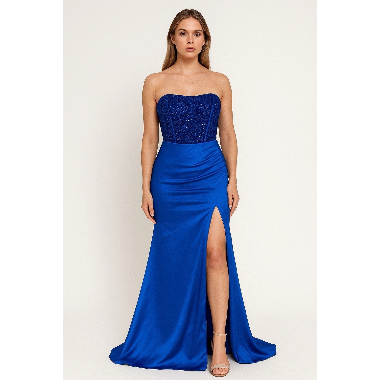 Corset royal blue illusion gown women's large slit prom Wedding Party-image