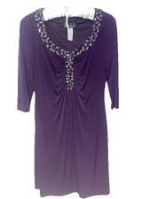 Alex evenings Size14 Purple Jeweled Shirred Neckline Dress 3/4 Sleeves