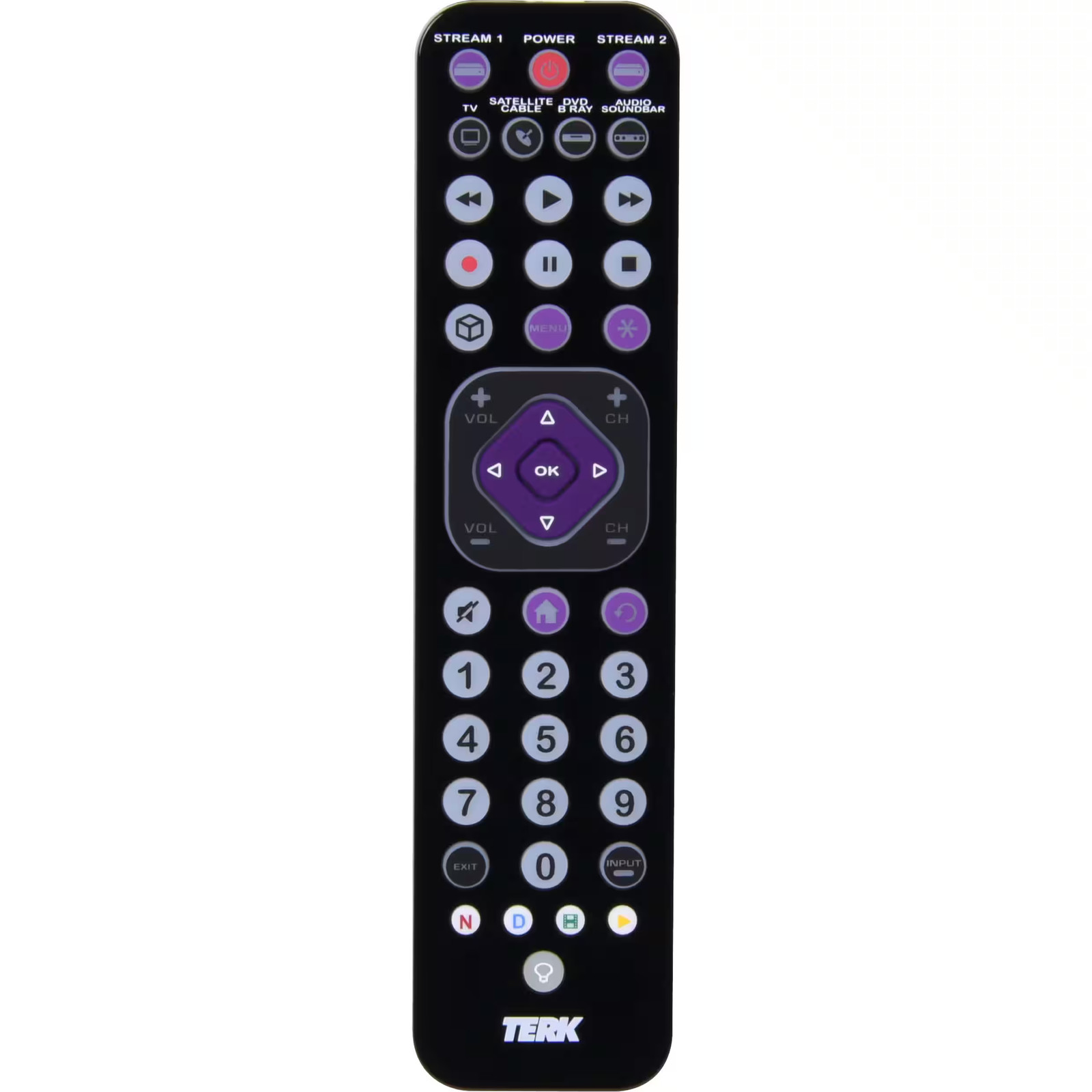 TERK - Перезаряжаемый Универсальный пульт дистанционного управления с подсветкой на 6 устройств - Черный